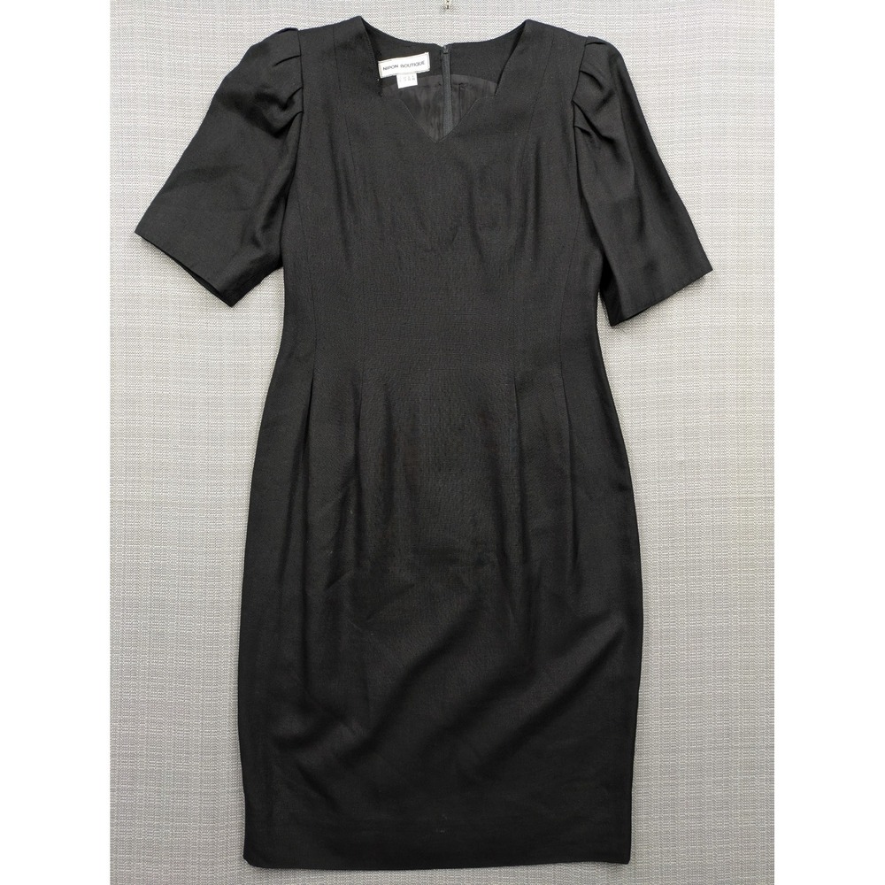 Nipon Boutique Vintage Black Sheath Dress Pleated Puff Sleeve ILGWU USA Size 6 - Picture 1 of 5